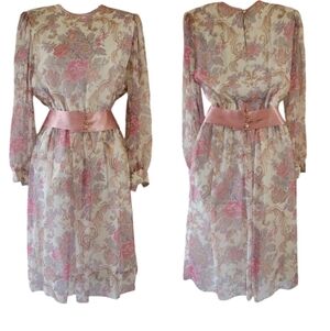 VTG LISA MICHAELS Ivory Pink Floral Prairie Dress Sz 8 Belted Cottagecore Fairy
